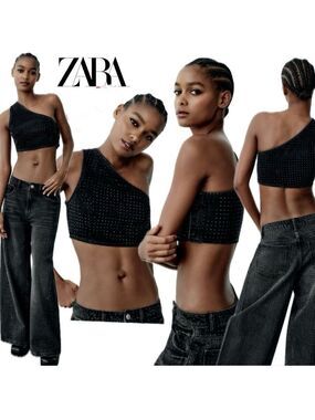 Zara black crystal rhinestone embellished one shoulder denim Jean crop top NWOT